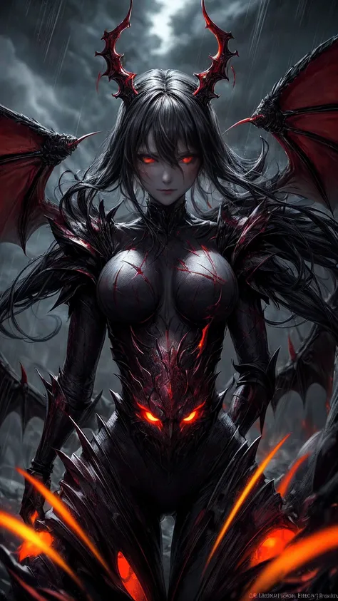 masterpiece, highest quality, dragonlady queen, bright red glowing eyes, detailed eyes (1.4), scars on face, villainous expression, flaming skin body with bioluminescent glowing pattern, ready for battle, blurred stormy background, dark atmosphere, lightin...