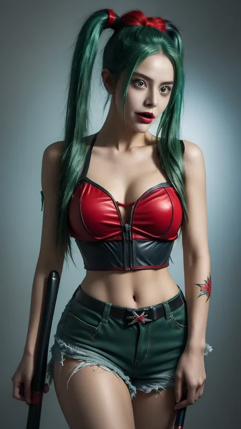 a woman with vibrant green and blue pigtails, a red and black corset top, ripped shorts, fishnet stockings, a baseball bat, and a crazy expression on her face, DC comics character Harley Quinn from the movie Suicide Squad, intricate detailed tattoos, highl...