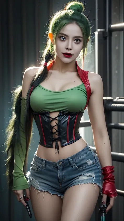 a woman with vibrant green and blue pigtails, a red and black corset top, ripped shorts, fishnet stockings, a baseball bat, and a crazy expression on her face, DC comics character Harley Quinn from the movie Suicide Squad, intricate detailed tattoos, highl...