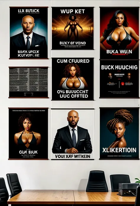 bald black man hip hop executive in suit and tie in a large conference room with ((posters of exposed very busty women:1.3)). 