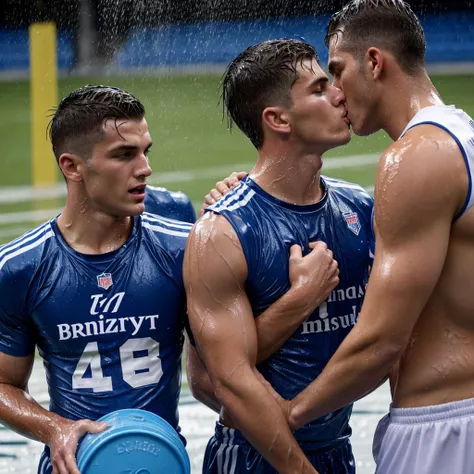 soaked twenty year old men wearing wet football jerseys with soaked hair wearing soaked uniforms. several men in soaked jereseys pour buckets of water over them. Wet shirts. Wetlook. Sensual. Kissing. Homosexual. Wet clothes. Wetlook. 