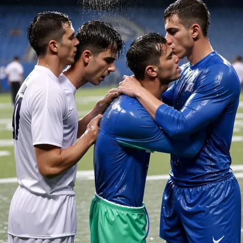 soaked twenty year old men wearing wet football jerseys with soaked hair wearing soaked uniforms. several men in soaked jereseys pour buckets of water over them. Wet shirts. Wetlook. Sensual. Kissing. Homosexual. Wet clothes. Wetlook. 