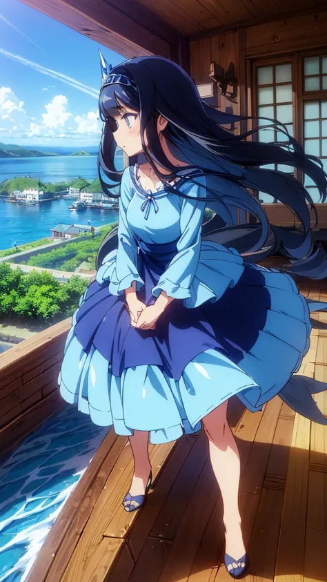 best quality, extremely detailed, anime style girl, long hair down to the waist, straight hair, dark black hair with bluish, beautiful detailed eyes, pinched eyes, dark blue eyes, huge breasts,curvy, ((((A dress made of running water and light)))),hair acc...