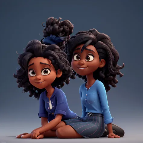 Cartoon character of a black woman in a blue shirt with dark brown eyes, long curly hair, an animated character, stylized character, animation style rendering, 3d stylized, Arnold Maya rendering, Stylized 3D rendering, toon render screenshot, 3d character,...