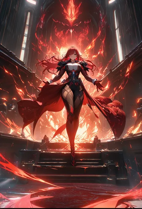 Layout design to show the game characters, A fighter. Red fire aura, elegant and unique. big muscles, shoulder length hair, red eye, red hair, scars all over the body (Masterpiece: 1.2), (best quality), 4k, super detailed, (Dynamic synthesis: 1.4), Step by...