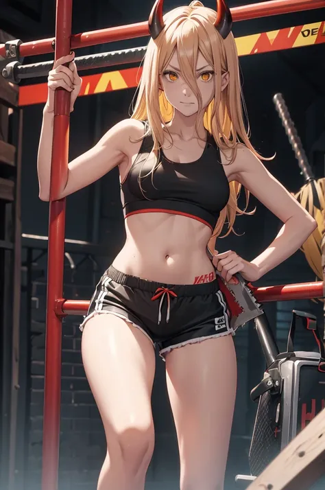 power, chainsaw anime, long yellow hair, red horns, mood strip-bar, (black tank top), (black running shorts), pole dancing