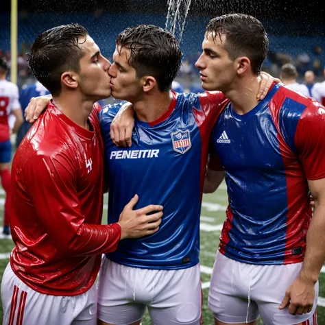 soaked twenty year old men wearing wet football jerseys with soaked. several men in soaked jereseys pour buckets of water over them. Wet shirts. Wetlook. Sensual. Kissing. Homosexual. Wet clothes. Wetlook. 