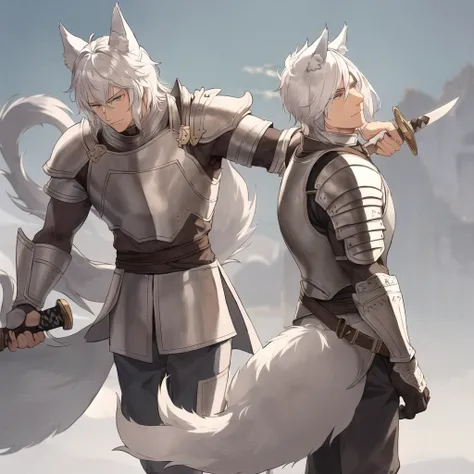 A simple man who has ears and a tail like a wolf and the tail and ears are white. He wears strong and cool armor and a sword.