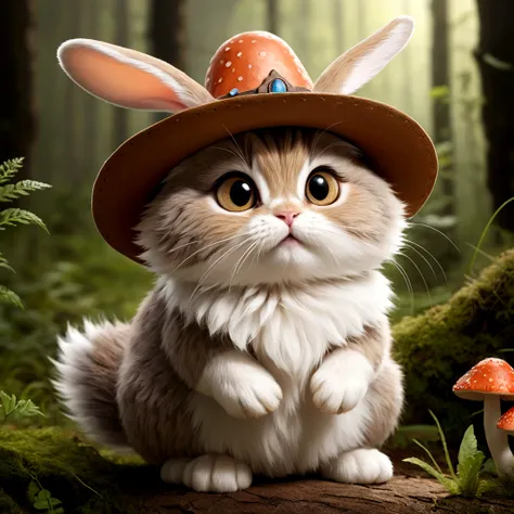 adorable creature，Similar to a mixture of rabbit and cat, lovable, adorable, furry, fluffy, woods, Mushrooms, Wear a cowboy hat