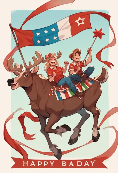 Pamela Anderson dressed in a fun, festive Canadian outfit, riding a moose decorated with Canadian flags and streamers.
 The moose could be holding a banner in its mouth that says "Happy Canada Day!" while Pamela holds a small birthday cake.