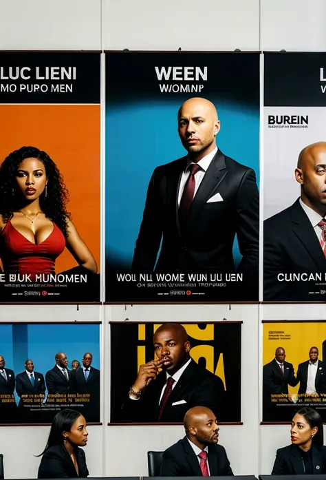 bald black man hip hop executive in suit and tie in a large conference room with ((posters very busty women:1.3)). 