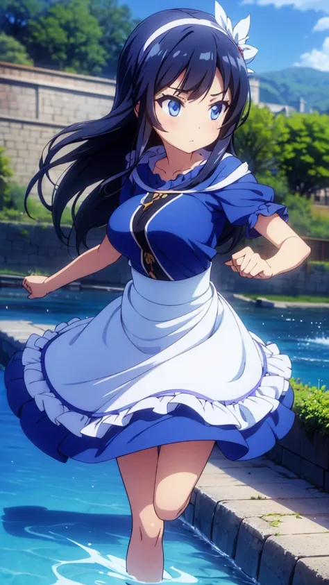 best quality, extremely detailed, anime style girl, long hair down to the waist, straight hair, dark black hair with bluish, beautiful detailed eyes, pinched eyes, dark blue eyes, huge breasts,curvy, ((((A dress made of running water and light)))),hair acc...