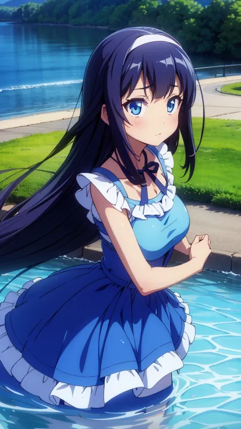 best quality, extremely detailed, anime style girl, long hair down to the waist, straight hair, dark black hair with bluish, beautiful detailed eyes, pinched eyes, dark blue eyes, huge breasts,curvy, ((((A dress made of running water and light)))),hair acc...