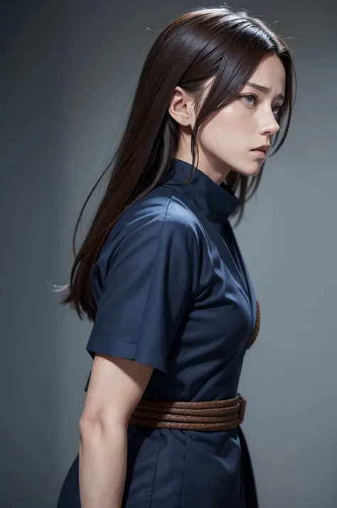 Jujutsu kaisen scene of a woman with long loose brown hair and brown eyes she is wearing a dark blue jujutsu kaisen uniform