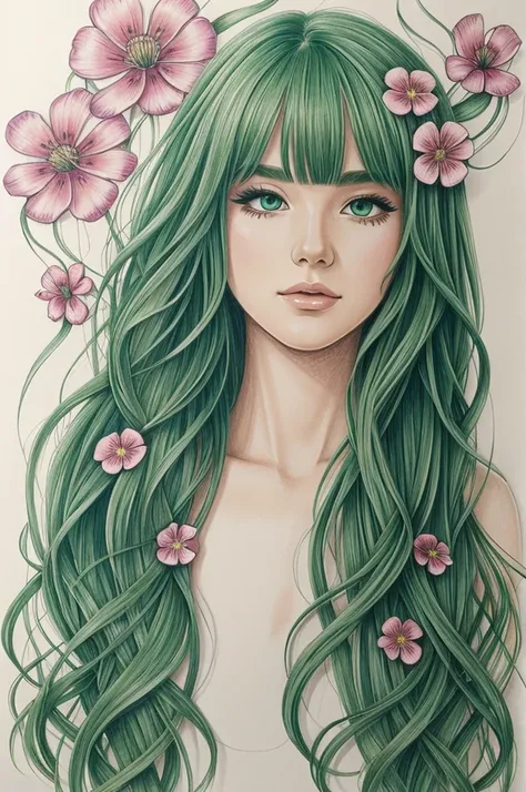  Drawing of woman jellyfish green hair and flowers
