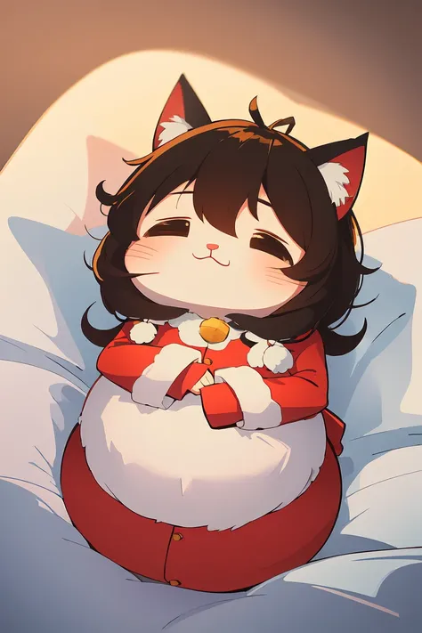 illustration of a cute fat cat happy on a fluffy white pillow with light clouds around. above the cat,padoru_meme,chibi,high lig...