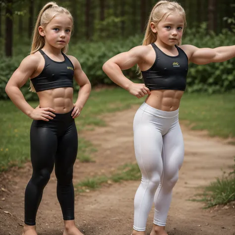 beautiful 10 year old blonde muscular bodybuilder children girl with big muscles wearing a cute long leggings, freckles, being outside, tanned skin