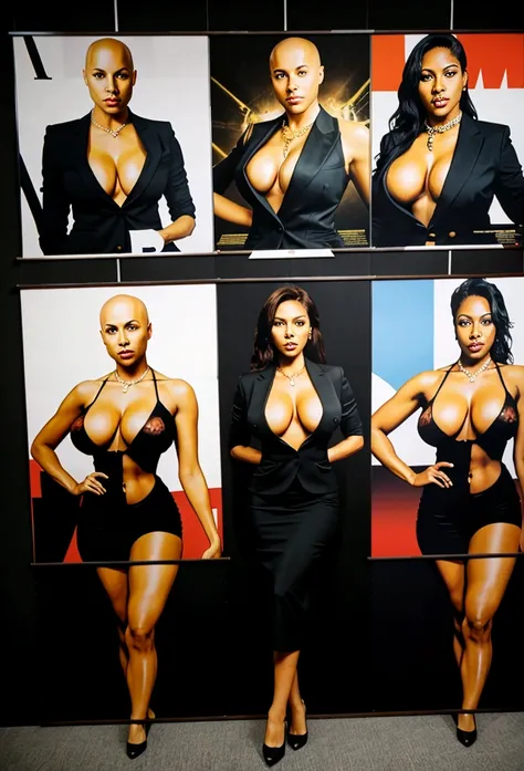 bald black man hip hop executive in suit and tie in a large conference room with ((posters with very busty women showing gross cleavage:1.4)). 