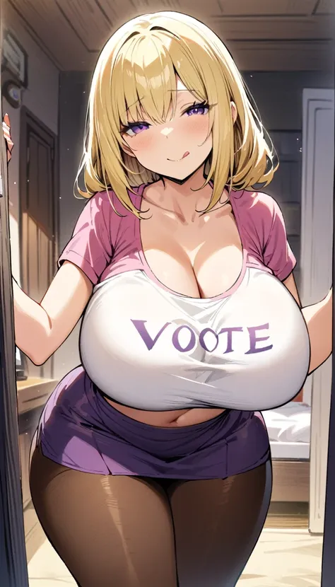 ((Best Quality)), ((Masterpiece)), (detailed), 1 girl, Pastel yellow hair, wide, hair covers one eye, purple eyes, tight, big breasts, big thighs, expression smiling shy, at home, backwards, big butt, showing tracero, sticking out tongue, perspective behin...