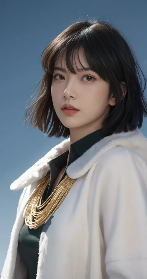 FUBUKI, (BLACK HAIR), Straight hair, TAUT CLOTHES, FUR COAT, JEWELRY, NECKLACE, long face, short hair, straight hair, (photorealistic:1.2), (masterpiece), best quality, (detailed face:1.4), raw photo, ultra realistic 8k, perfect artwork, (background violen...