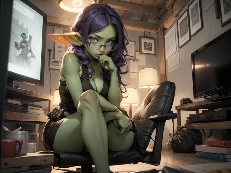 ((best quality)), ((masterpiece)), (detailed), goblin girl, (green skin), purple hair, shortstack, glasses, romantic lighting, legs up on a table, wearing underwear, holding a game controller, playing video games, legs elevated, game controller in hand, 2 ...