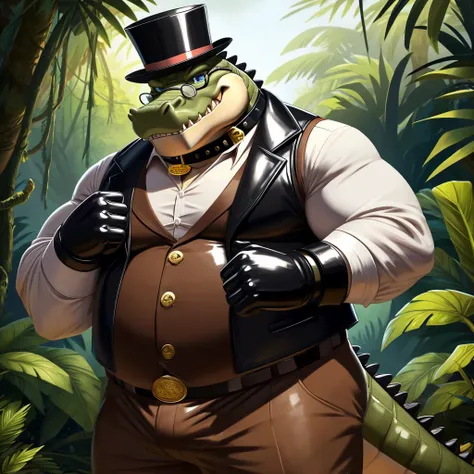 Solo, Male, fat, extremely obese, gentleman, dapper Professor Crocodile, blue eyes, (posing:1.3), (soft shading), 4k, hi res, ((detailed face, detailed)), looking at viewer, evil grin, jungle, forest, collared shirt with buttons, top hat, male focus, Explo...