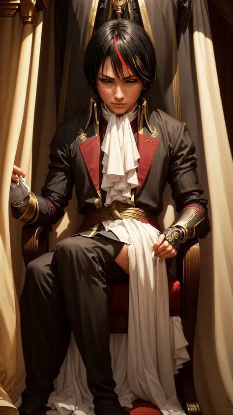 Diablo, detailed eyes, detailed face, detailed clothes, detailed black hair with red and golden line in front,  inside a palace, on a throne, sitting on a throne, character from a novel,