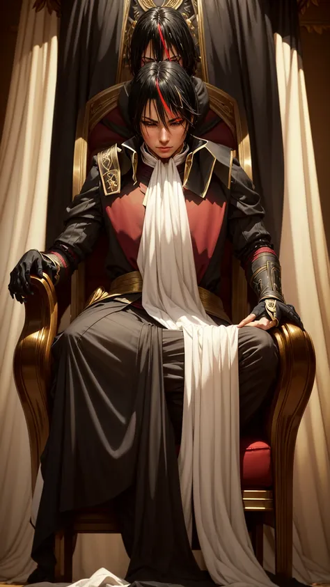 Diablo, detailed eyes, detailed face, detailed clothes, detailed black hair with red and golden line in front,  inside a palace, on a throne, sitting on a throne, character from a novel,