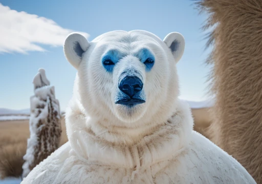 ((A humanoid white polar bear with abnormal musculature, very robust, blue eyes is standing looking up looking at the sky and uses some animal hides as clothing)), frozen ground and desert scenery, no trees there are no plants on this planet. Low left phot...