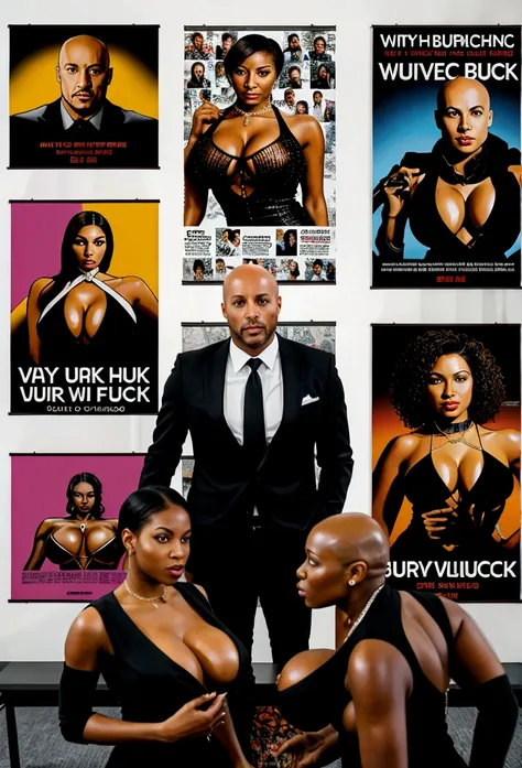 bald black man hip hop executive in suit and tie in a large conference room with ((posters with very busty women showing gross cleavage:1.4)). 