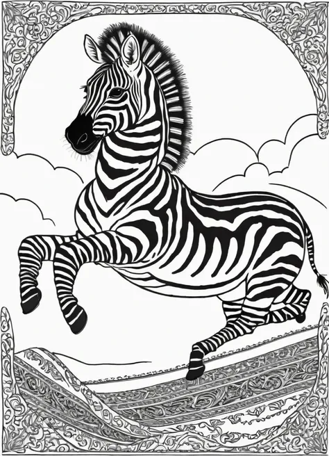 black and white, line art, coloring drawing of a zebra riding a flying carpet