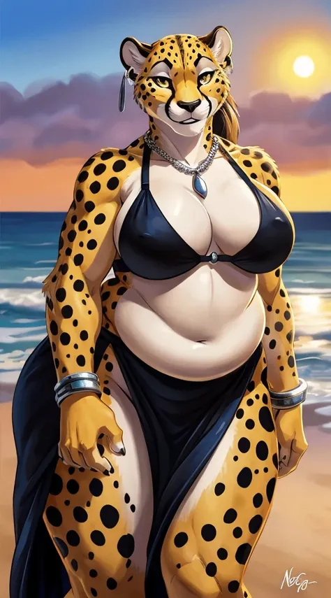 Cheetah, 4k, high resolution, best quality, posted on e621, solo, anthro body, female, (very fat:1.2), correct anatomy, (beach background, sea background, sky background, sunset:1.0), (blurry background, out-of-focus background:1.2), (by wfa:1.0), (by negg...