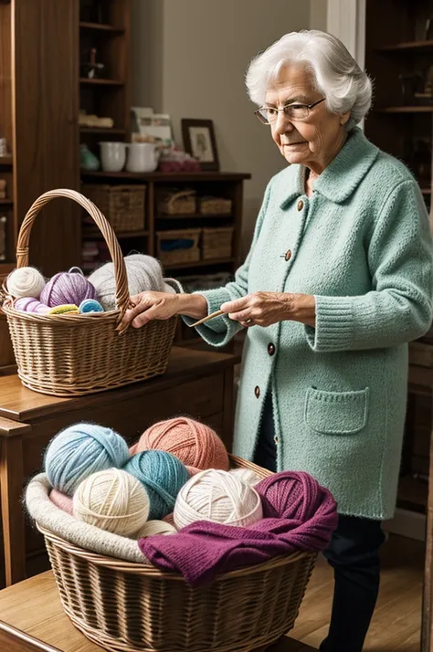 A grandmother organizing her basket of wool for Walsorf pedagogy