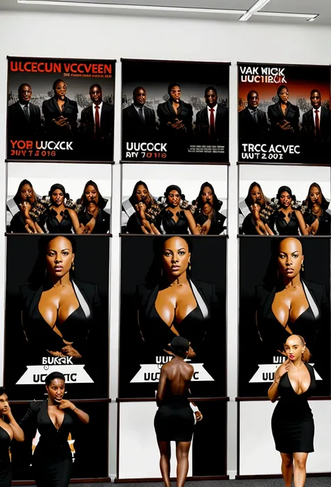 bald black man hip hop executive in suit and tie in a large conference room with ((posters with very busty women showing gross cleavage:1.4)). 