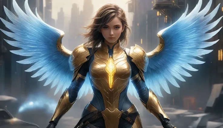 masterpiece,(Best quality),very detailed,ultra detailed,1 girl,(furnicalwings:Golden,Brilliant eyes:blue,Goldenrarmor:1.2,elongatedears:0.8),(Cyberpunk City:1.5,Weapon:Energy Blade),(fantasylandscape:1.2,daylight:1.5,confident expression),(panorama:1.2),fu...