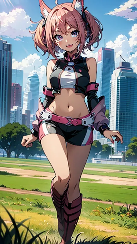 ((Seductive Anime Girl:1.3, solo:1.5))、((teenage girl:1.2))、((standing:1.3, ))、((happy smile:1.3))、energetic、((pink color, leather clothes))、((Being in grassland:1.3)), erect nipples、((open clothes:1.2))、((crop top navel:1.2))、((small breasts))、((sleeveles...