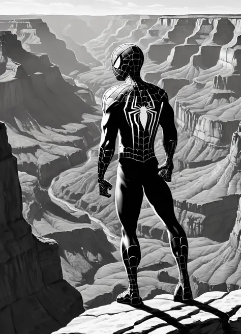 black and white, line art, coloring drawing of spiderman looking out over the grand canyon