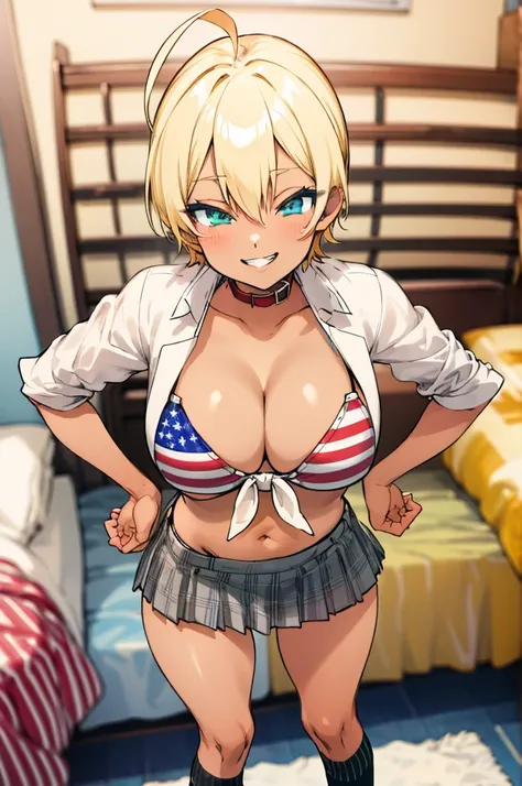 masterpiece, best quality, highres, mi1, dark skin, blonde hair, ahoge, green eyes, blue eyes, american flag bikini, plaid skirt, collar, bikini top only, tied shirt, smile, big breasts,grin,miniskirt,my room,socks,standing,midriff,socks