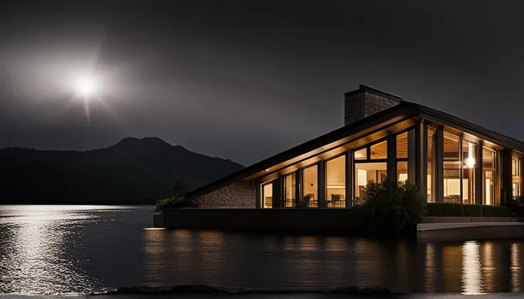 The front of a house on the lake is a dark night with little lighting.