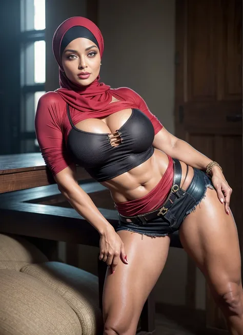 50yo mature milf Aishwarya rai as pirate lady, black denim shorts, tight red shirt, ((body builder)), mature fit milf figure, unbuttoned tight shirt, (big cleavage, wide hips)),(((wearing hijab))), posing in sports illustrated magazine cover, day scene, ma...