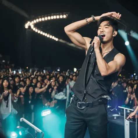 A very handsome stylish Korean singer singing in a concert full of people 