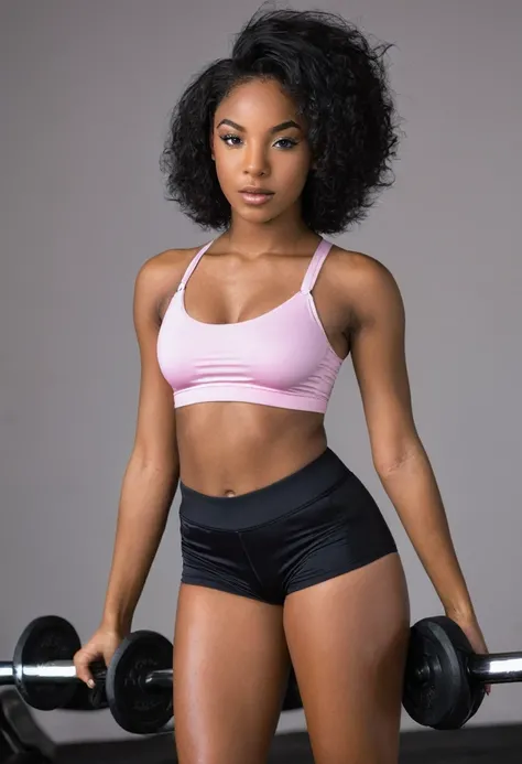 Black woman 20 years old, Perfect Face Black Hair, Wearing Thin Strap Bra and Sexy Short Tight Gym Shorts