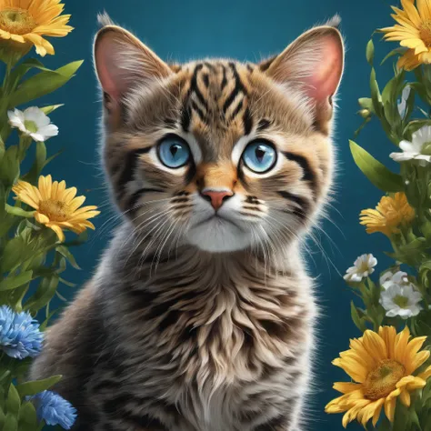 (best quality,4K,8K,highres,​masterpiece:1.2),Ultra-detail,(realisti,photorealisti,photo-realisti:1.37),Illustration,animal,Standing position from the front,blue,grau,brown,bright green eyes,floral background