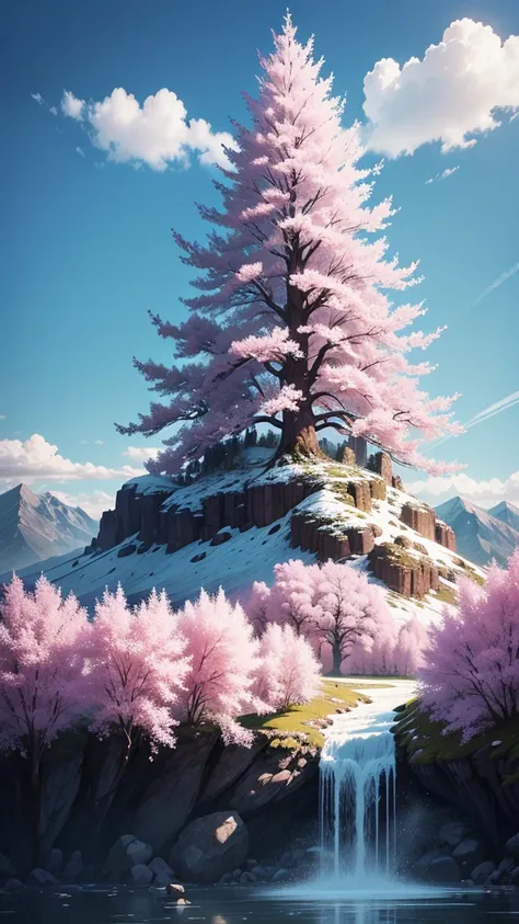 Flowering trees with mountain 