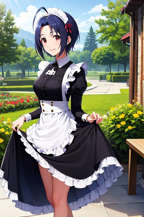 masterpiece, best quality, highres, aaazusa, short hair, ahoge, parted bangs, maid, maid headdress, apron, black dress, skirt ho...