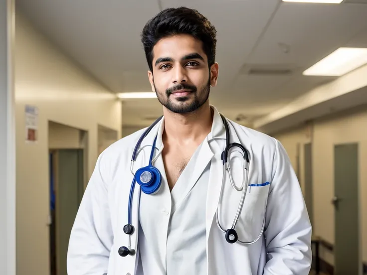 Base model of a handsome indian man, in the hospital ,homoerotic, masterpiece, , handsome face, posing for photo shoot, ultra HD, 16k resolution, handsome face, beautiful eyes, messy hair, he is a doctor, (wearing white coat,  and stethoscope ), penis