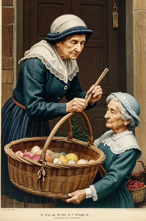 Waldorf cartoon of a grandmother sorting a basket with wool