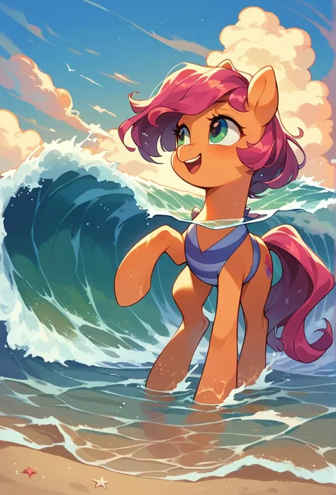 pony, standing in water, during the day, at the beach, ponies swimming in background, waves, sunny, my little pony 