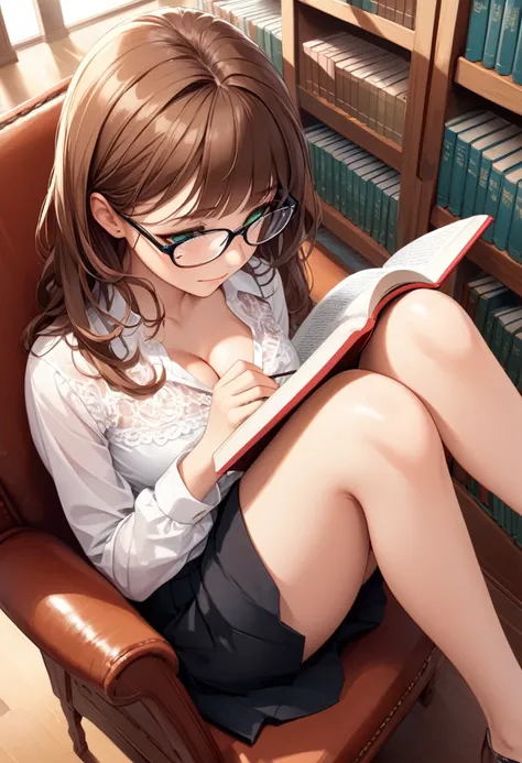 detailed illustration ,dynamic angle, ultra-detailed, detailed eyes, detailed face, 1girl, sitting down, legs up, reading book, long brown hair, glasses, green eyes, small smile, shy, blushing, horny, library, short black skirt, white blouse, cleavage, med...