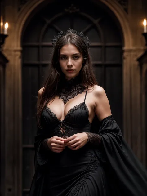 Masterpiece, Ariel Lilit A, high detail plunging sexy gothic dress, intricately detailed background, (UHD, 8K wallpaper, High resolution), Cinematic lighting, award-winning, extremely detailed skin, extra detailed face, high detail eyes, photo-realistic, Z...